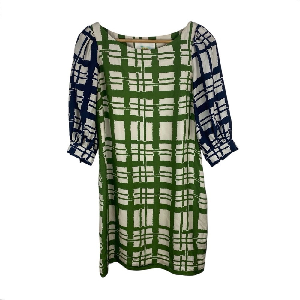 Anthropologie Maeve 100% Silk Shift Dress Broken Block Size 4P Green Black - Picture 7 of 7